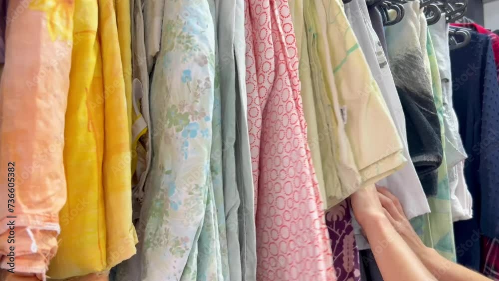 A woman 's feet are sticking out of a closet full of clothes