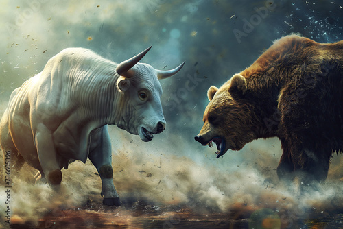 Illustration of a bull and bear in an intense standoff, concept of bullish and bearish market forces photo