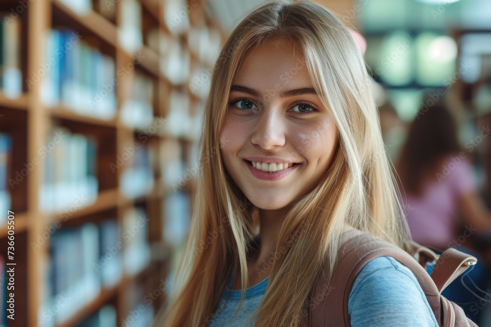 Smiling Girl with Backpack in Library Smiling Girl with Backpack in Library