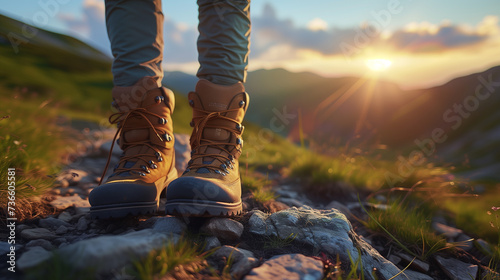 A hiker's perspective of sturdy boots on a rugged mountain trail, with the warm glow of sunset lighting up the horizon.