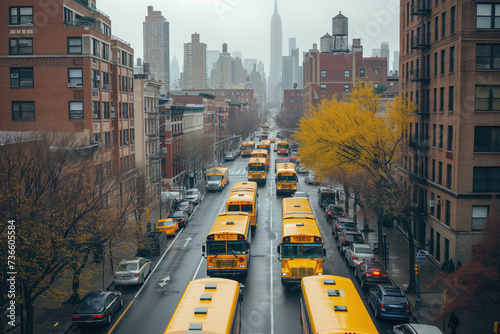 Multiple school buses on their way New York city to pick up all the students at their homes AI Generative