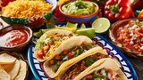 close-up of traditional Mexican dishes like tacos, guacamole, and salsa, perfect for a Cinco de Mayo feast
