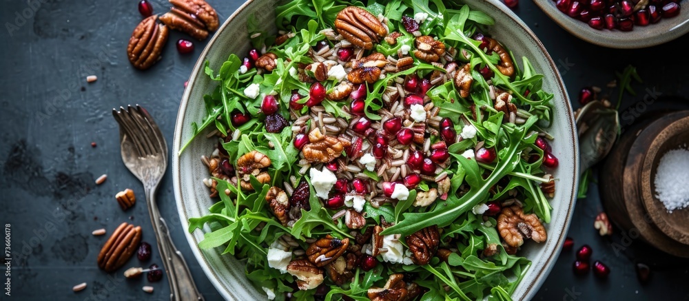 Wild rice arugula salad with pomegranate, pecan nuts, cranberries, and feta cheese.
