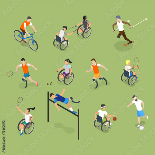 3D Isometric Flat Vector Set of Paralympians, Sportsmen with Disabilities