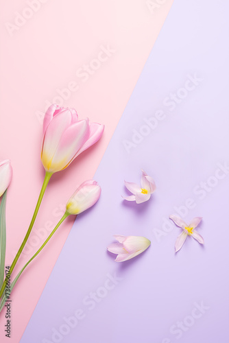 Pink tulips on pastel pink and lilac background. Soft studio lighting. Spring minimal concept. Flat lay