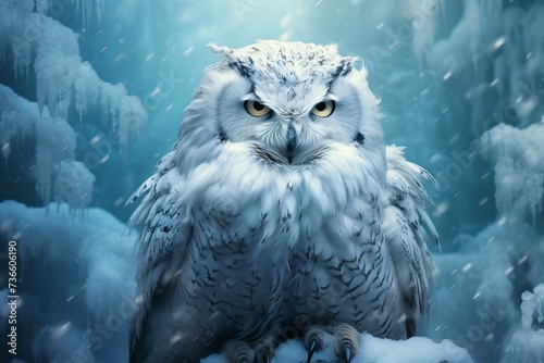 Nocturnal Polar owl winter branch. White beak. Generate Ai photo