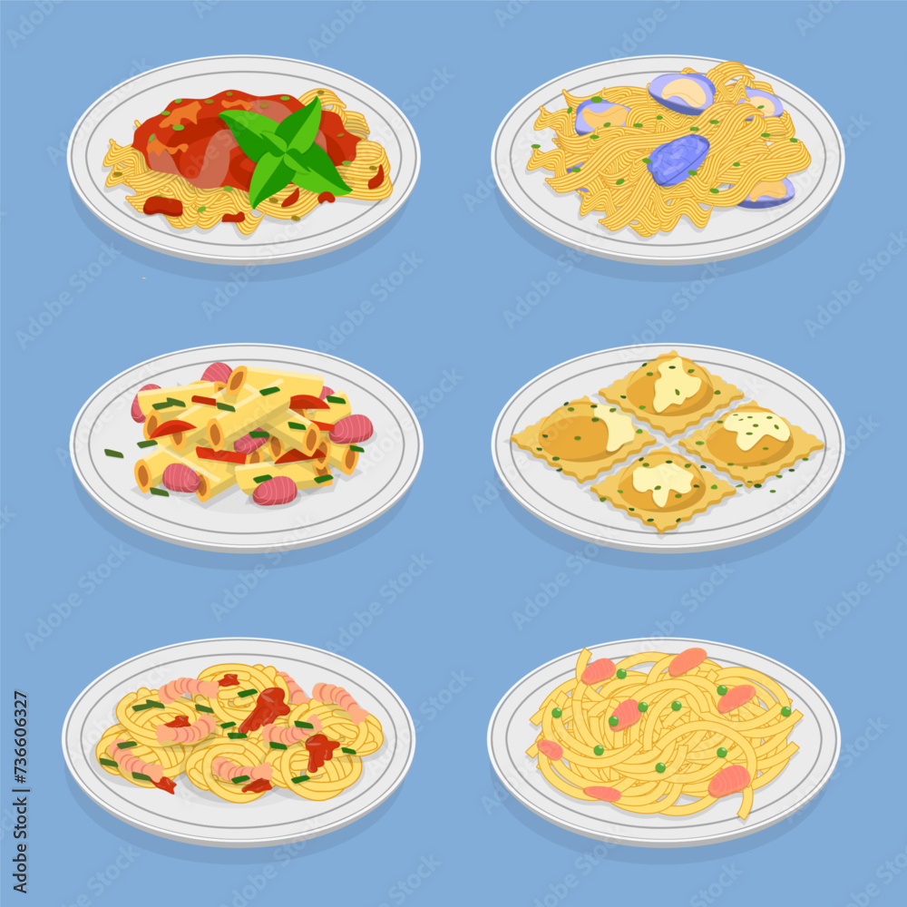 3D Isometric Flat Vector Set of Traditional Italian Cuisine, Mediterranean Food 3D Isometric Flat Vector Set of Traditional Italian Cuisine, Mediterranean Food