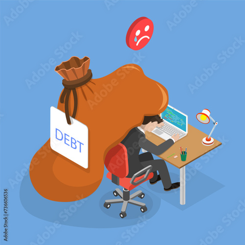 3D Isometric Flat Vector Illustration of Finance Debt, Pressured Office Worker, Unpaid Loan