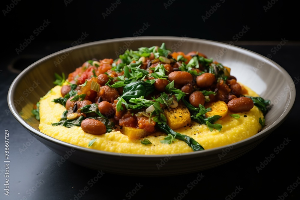 Nourishing Hands holding polenta beans bowl. Boiled cornmeal dish with white beans and spinach. Generate ai