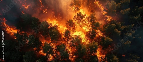 Drone captures fire in pine forest from above.