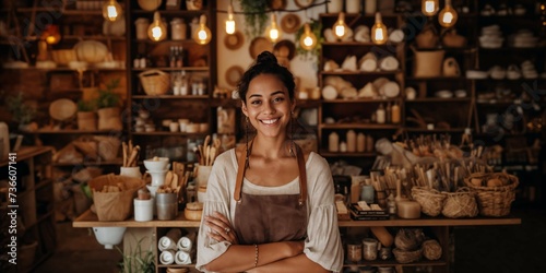 Confident Young Artisan Woman in Apron at a Pottery Workshop, Warm Ambient Light, Rustic Shelves
