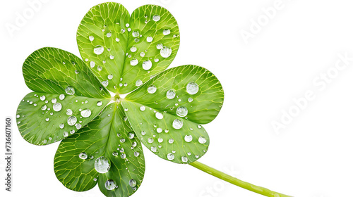 a four leaf clover with water droplets on it's leaves