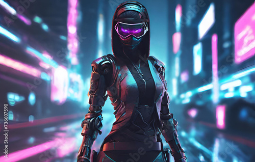 Ninja girl with the neon light background 