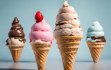 Set Of Different Kinds Of Ice Cream Balls In Waffle Cones On Blue Background.