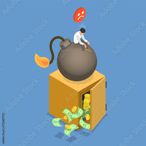 3D Isometric Flat Vector Illustration of Business Danger And Crisis, Young Stressed Unhappy Businessman Sitting on Bomb