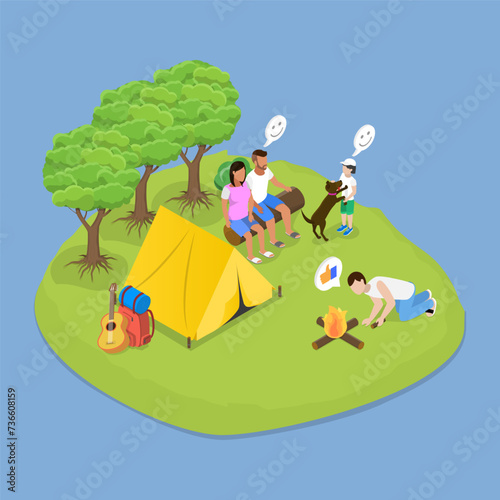 3D Isometric Flat Vector Illustration of Tourism, Summertime Camping, Campfire Outdoor Fun