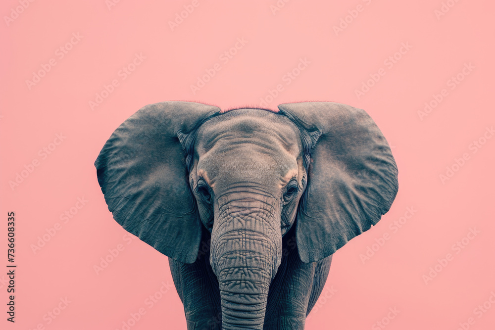 An elephant standing in front of a pink background. Can be used for animal-themed designs or as a background for children's illustrations