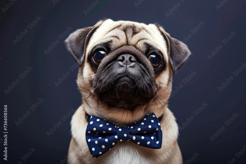 A pug dog looking dapper in a blue bow tie. Perfect for pet fashion blogs or advertisements
