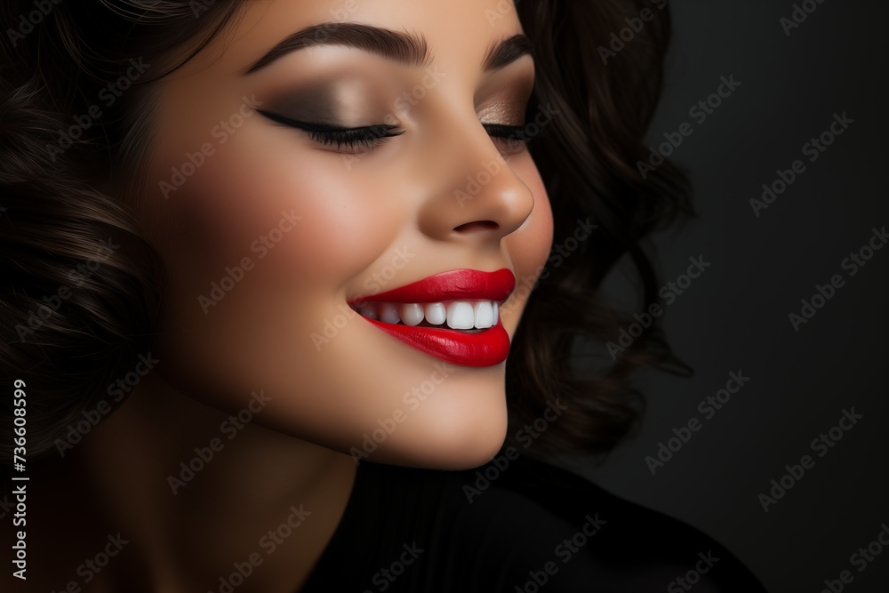 Beautiful woman with red lipstick on dark background