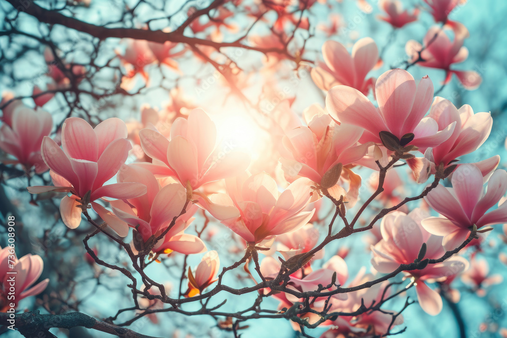 Sun shining through the branches of a flowering tree. Perfect for nature and spring-themed projects