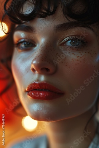 Portrait of a Young Woman With Freckles and Red Lipstick