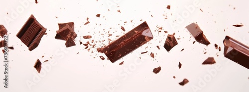 Chocolate bar piece explosion chunk candy broken isolated milk cocoa fly white background. Break bar chocolate fall air food chip snack dark piece dessert black ingredient burst parts cacao sweet photo