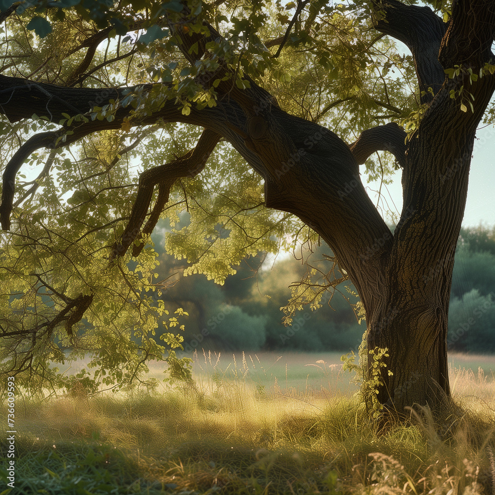 Fototapeta premium Sunlit Tree in Serene Pastoral Landscape