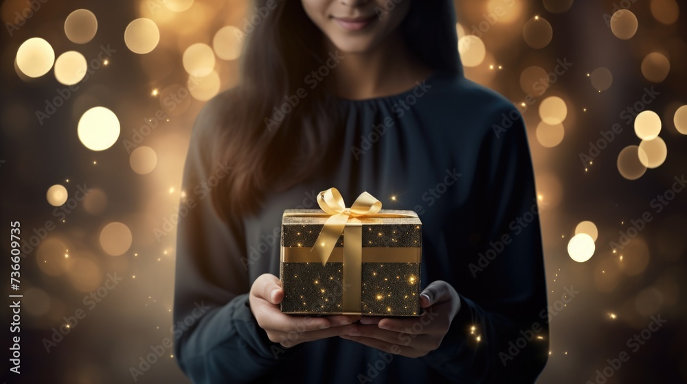  Elegant woman holding a wrapped gift, congratulations, gold . The scene is adorned with a touch of gold, adding a luxurious and celebratory ambiance to the moment. - obrazy, fototapety, plakaty 