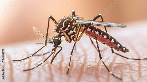 Close up view of mosquito sucking blood on human hand with copy space for text placement
