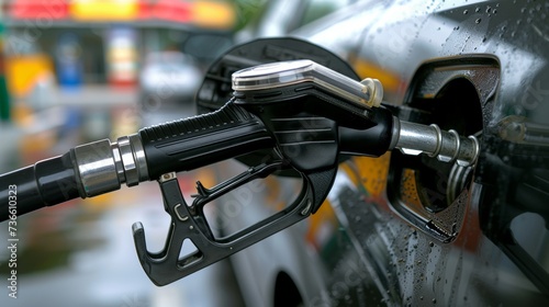 Close up view of car refueling with diesel or petrol fuel nozzle inserted into dark car s tank