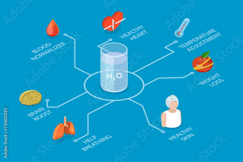 3D Isometric Flat Vector Illustration of Benefit Of Water, Drink More for Health Care and Body Balance