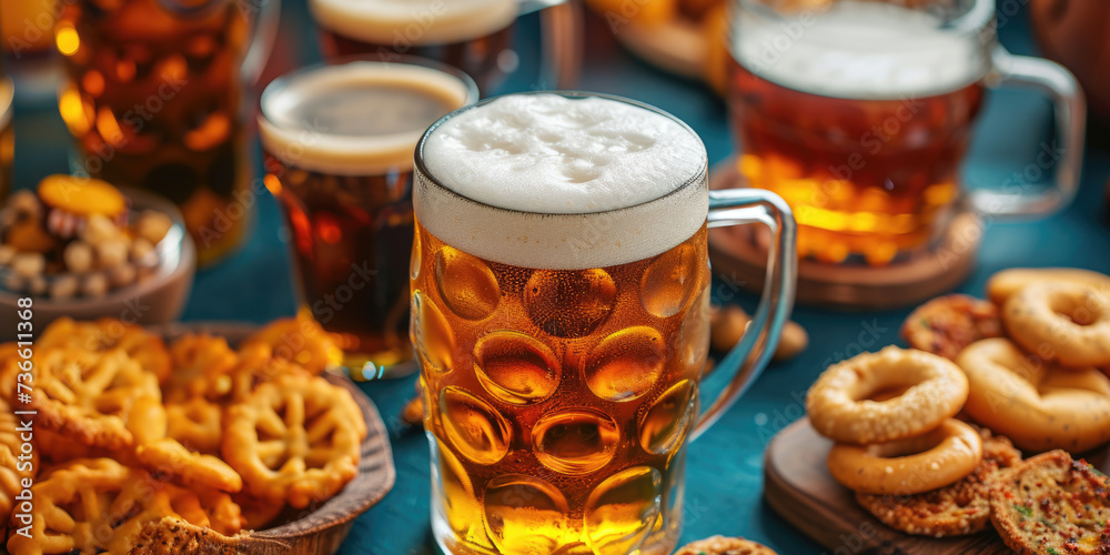 A glass of beer next to a plate of pretzels. Perfect for a bar or pub menu A glass of beer next to a plate of pretzels. Perfect for a bar or pub menu