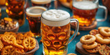 A glass of beer next to a plate of pretzels. Perfect for a bar or pub menu