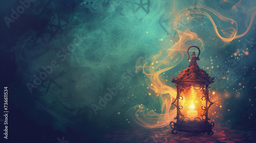 A lantern glowing with magic smoke swirling around revealing hidden symbols in the air photo