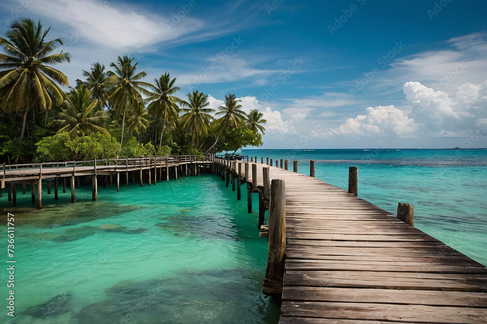 Wooden pier on tropical island with turquoise water and blue sky. Generative AI - obrazy, fototapety, plakaty 