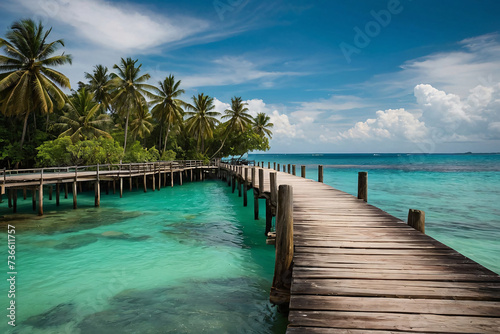 Wooden pier on tropical island with turquoise water and blue sky. Generative AI © igor.nazlo