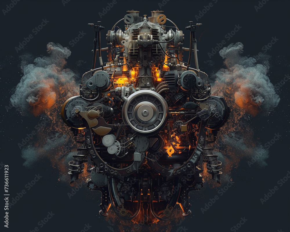 An artistic interpretation of a combustion engine through a detailed scan highlighting the raw power it harnesses