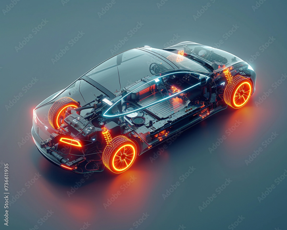 An electric car dissected by a digital scan each component contributing to its silent yet powerful operation An electric car dissected by a digital scan each component contributing to its silent yet powerful operation