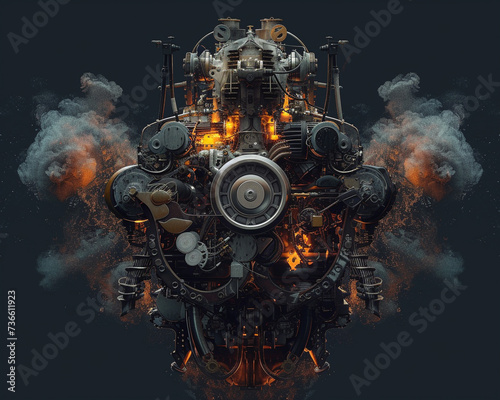 An artistic interpretation of a combustion engine through a detailed scan highlighting the raw power it harnesses