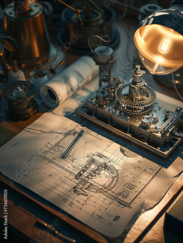 An engineers table under soft light blueprints of a combustion engine revealing the intricacies of power generation
