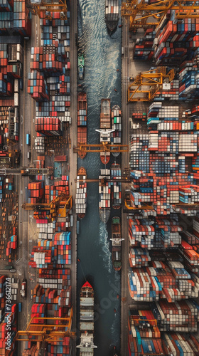 Hovering over a bustling port a drone captures the organized chaos of a freight transport fleet the dance of cranes and ships in vivid detail © JR-50