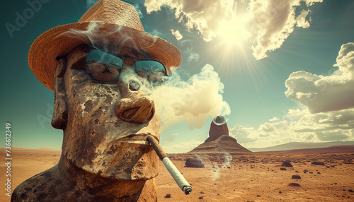 Moai character in a funky cap smoking sunny desert landscape in the background photo