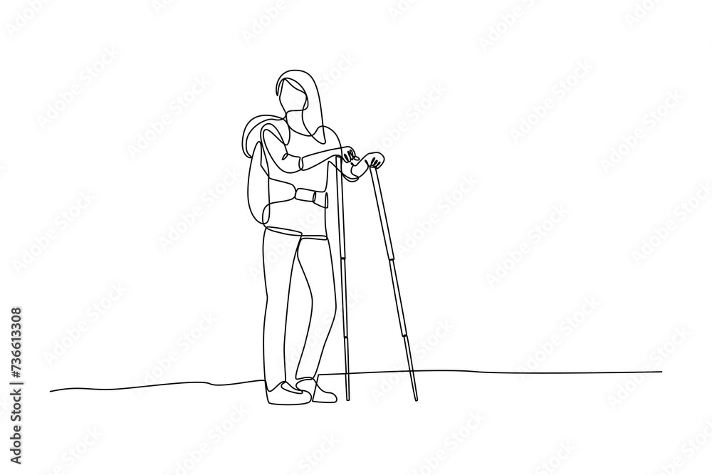 Continuous one line drawing woman go hiking with backpacks, binocular, and hiking gear reading route map. Looking for direction, trekking location. Single line draw design vector illustration Continuous one line drawing woman go hiking with backpacks, binocular, and hiking gear reading route map. Looking for direction, trekking location. Single line draw design vector illustration