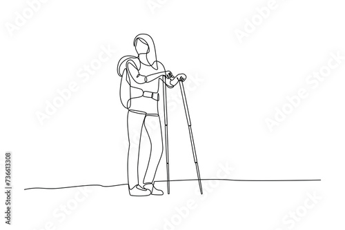 Continuous one line drawing woman go hiking with backpacks, binocular, and hiking gear reading route map. Looking for direction, trekking location. Single line draw design vector illustration