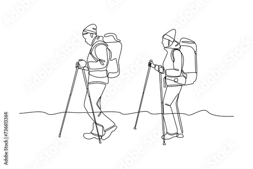 Continuous one line drawing couple man woman hikers with backpacks, binocular, and hiking gear reading route map. Looking for direction, trekking location. Single line draw design vector illustration