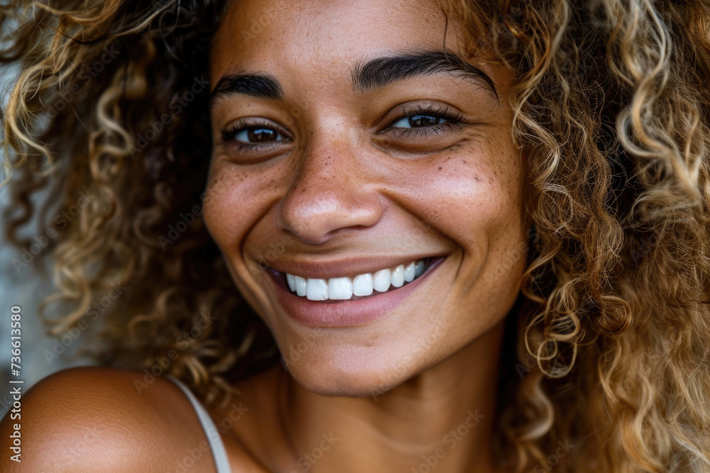A close-up shot of a woman with curly hair smiling. Perfect for adding a joyful and vibrant touch to any project