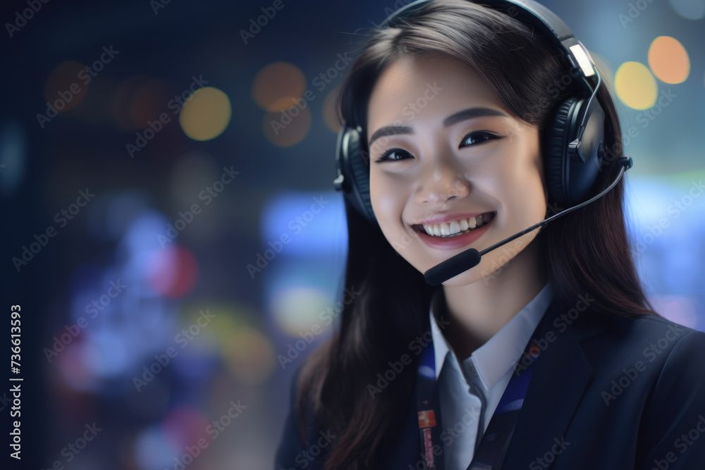 Woman wearing a headset with a microphone. Suitable for use in call centers or virtual meetings Woman wearing a headset with a microphone. Suitable for use in call centers or virtual meetings