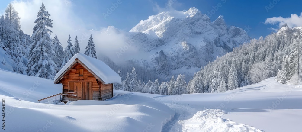 Tiny mountain cabin covered in snow