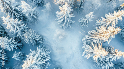 A captivating aerial view of a snow-covered forest. This image captures the serene beauty of nature in winter. Perfect for winter-themed projects or showcasing the beauty of nature in any season