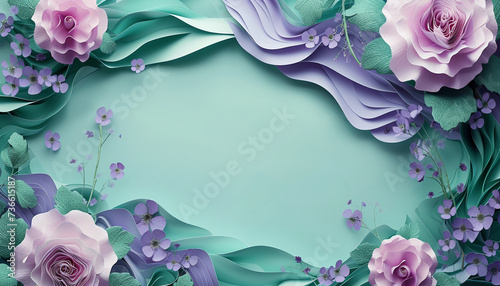 Beautiful Postcart with copy space. Frame of Paper Flowers and green leaves composition. Pastel mint lavender template background photo